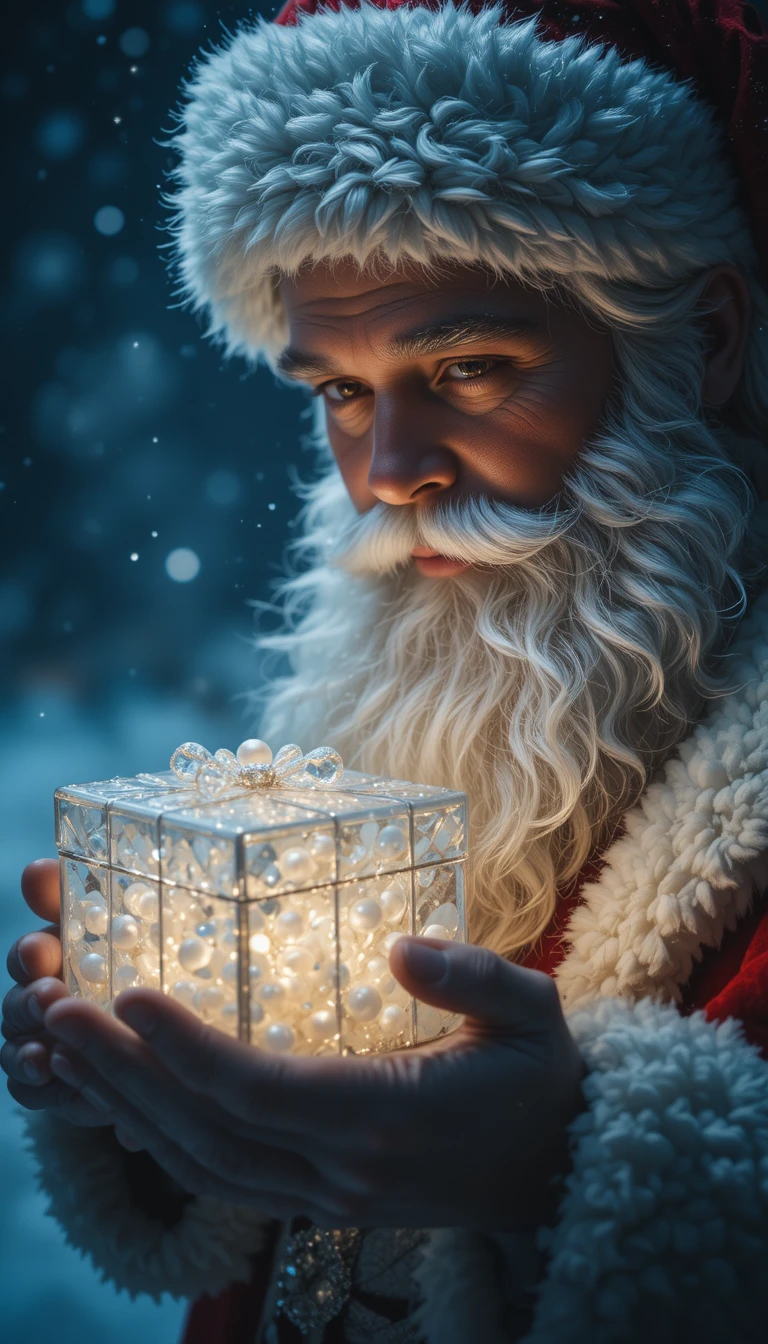 Papai Noel Segurando Caixa de Presente em Forma de Diamante Brilhante à Noite