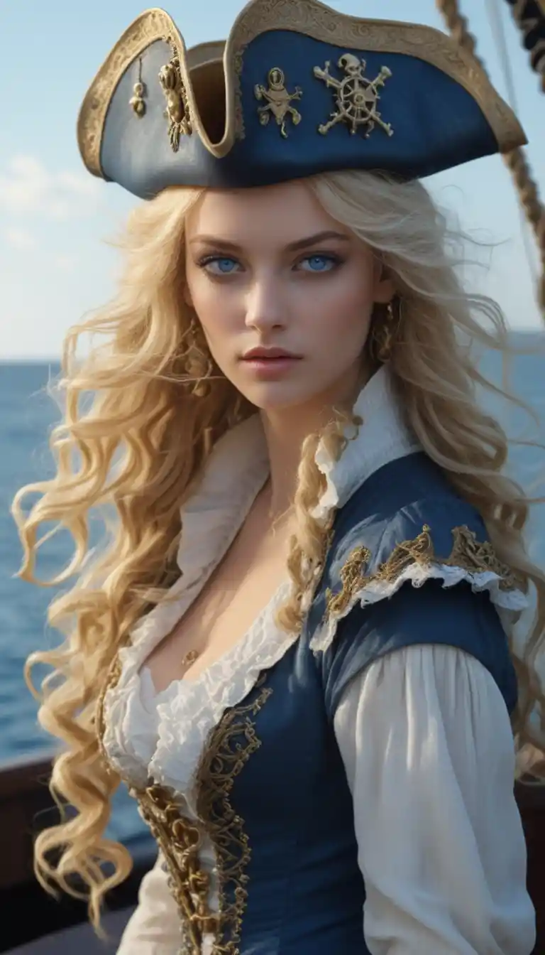 Blonde Pirate Woman On Ship Deck With Dramatic Lighting
