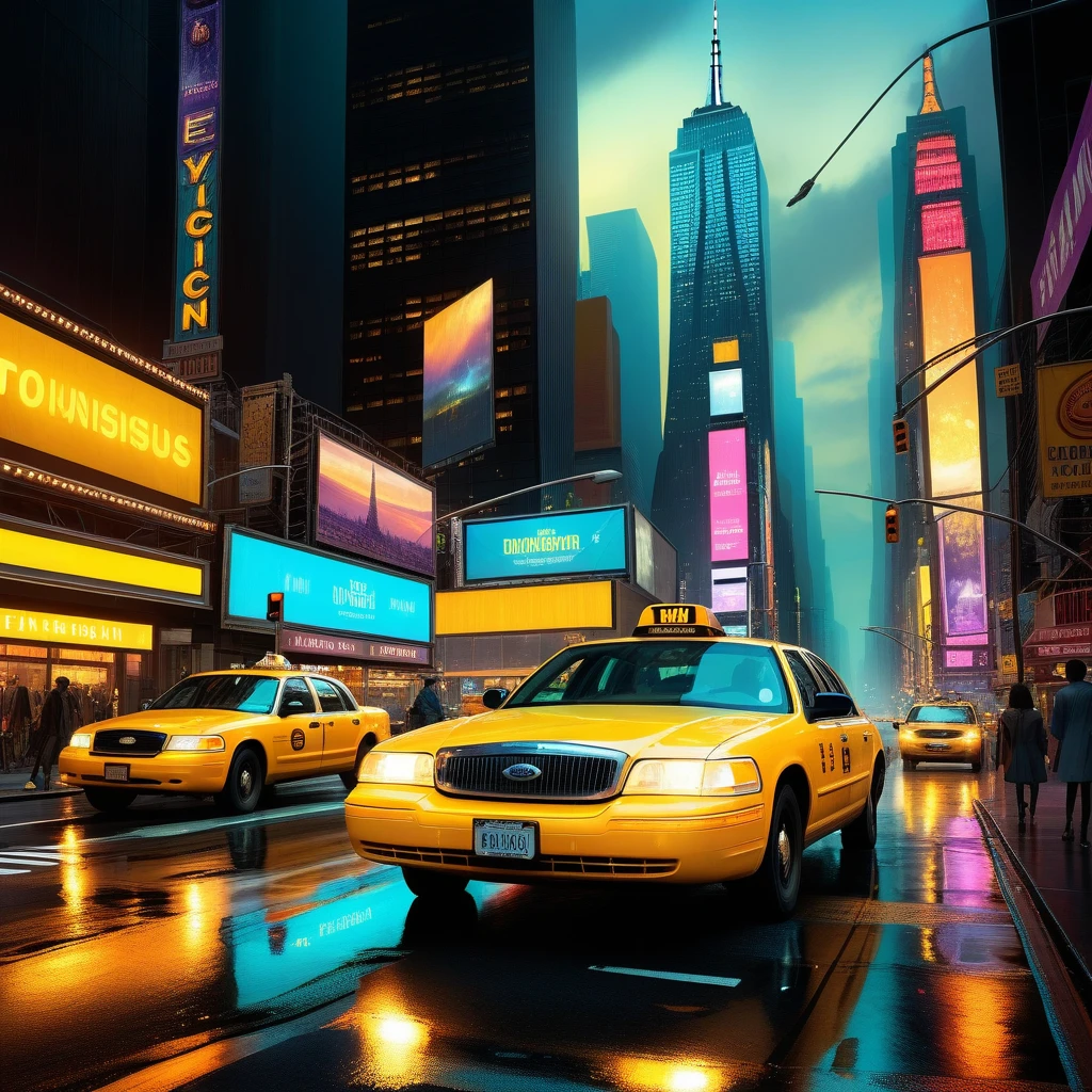 Rua movimentada de Nova York à noite com táxi amarelo em alta velocidade