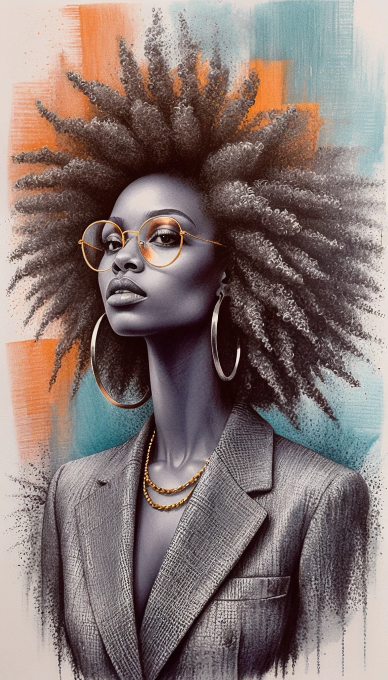 Porträt einer Schwarzen Frau mit Afro und geometrischem Farbgrid