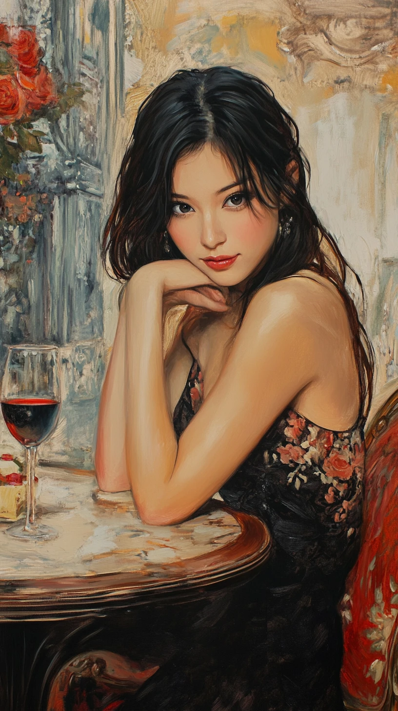 Mulher elegante de vestido vermelho sentada à mesa de um café