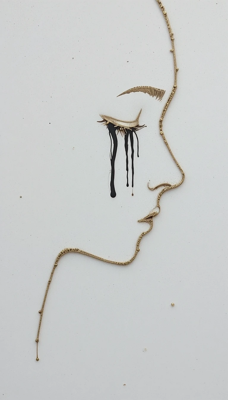 Golden silhouette portrait of a woman with black tears