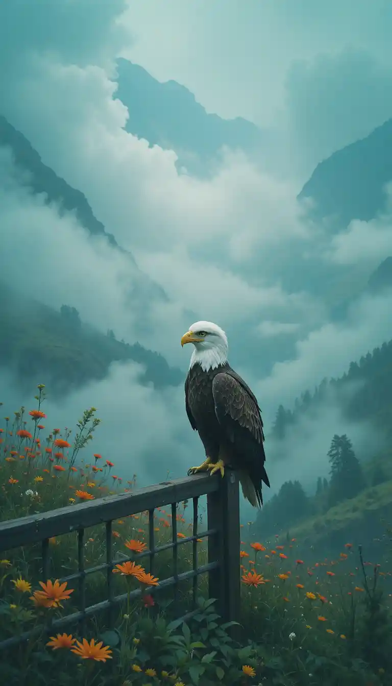 Pygargue à tête blanche sur une clôture dominant un lac de vallée turquoise dans la brume
