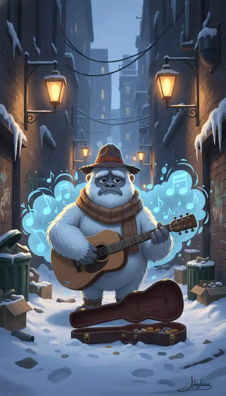Lonely yeti busker playing guitar in a snowy alley