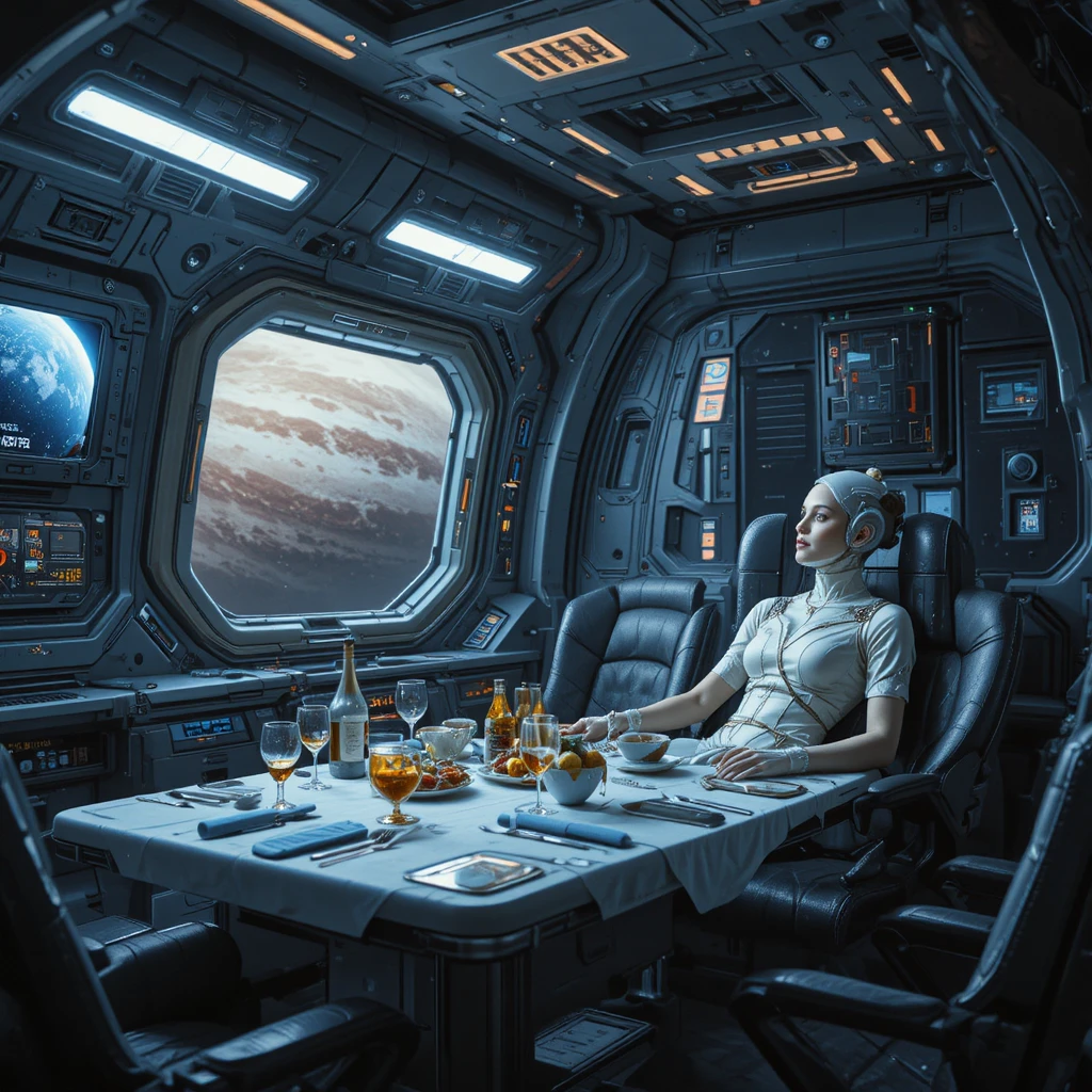 Relaxando no refeitório de uma nau capitânia orbital perto de Júpiter