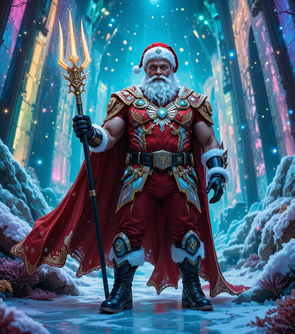 Kybernetischer Eis-Paladin-Weihnachtsmann im neonfarbenen Unterwasserpalast