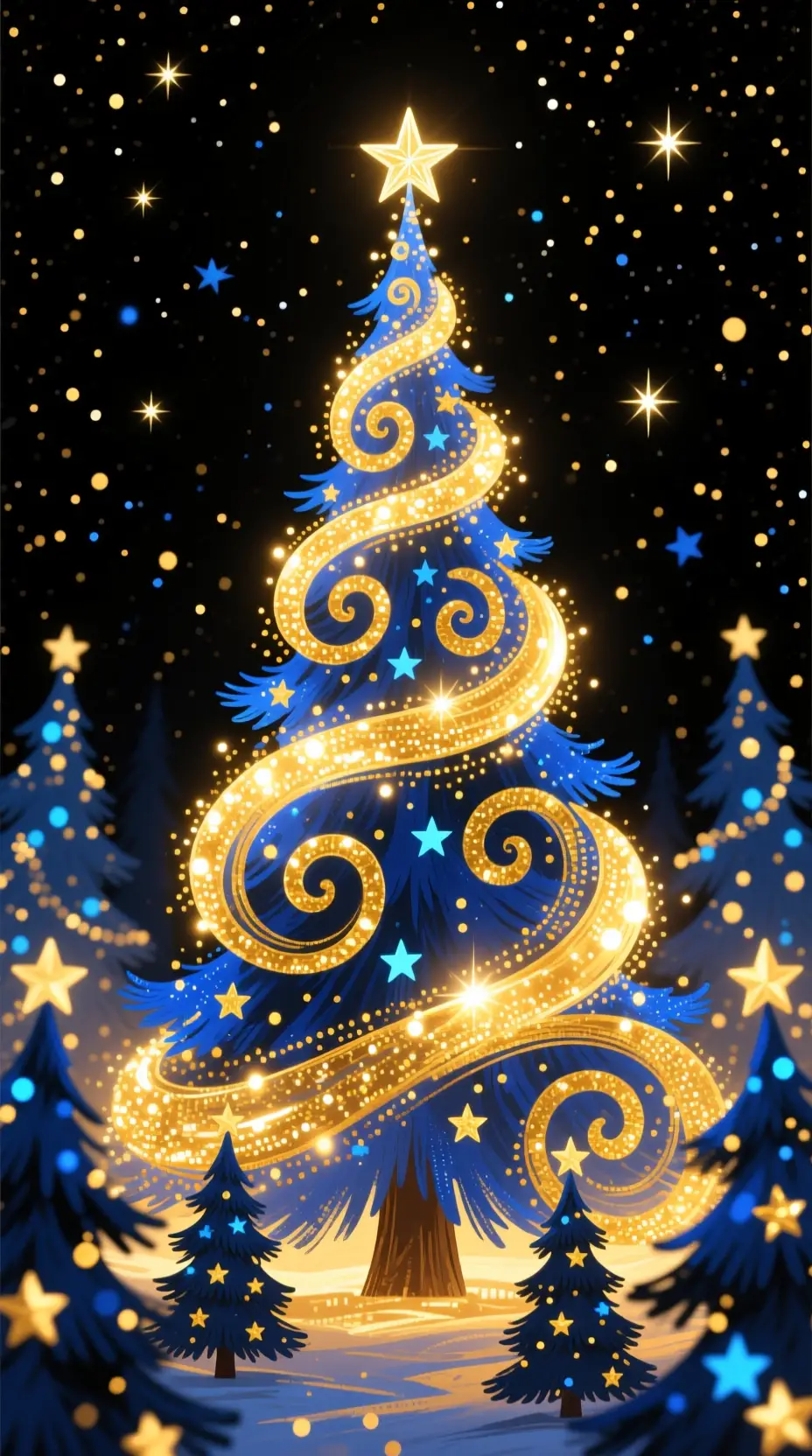 Goldener Lichter-Weihnachtsbaum vor dunklem Sternenhimmel