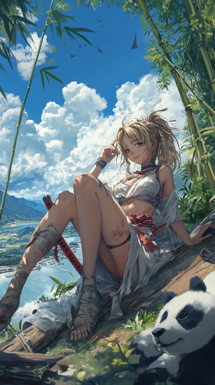Guerrière d’anime se relaxant dans une paisible forêt de bambous