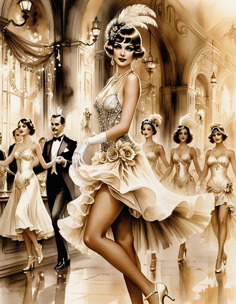 Flapper cabaret dancer in a glamorous baroque ballroom