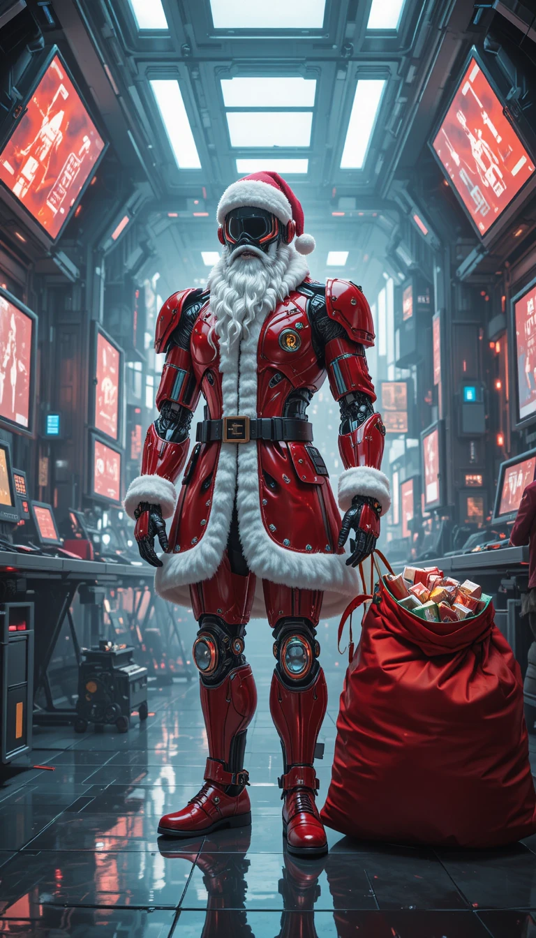 Robotischer Weihnachtsmann scannt eine Neonstadt aus Hightech-Labor