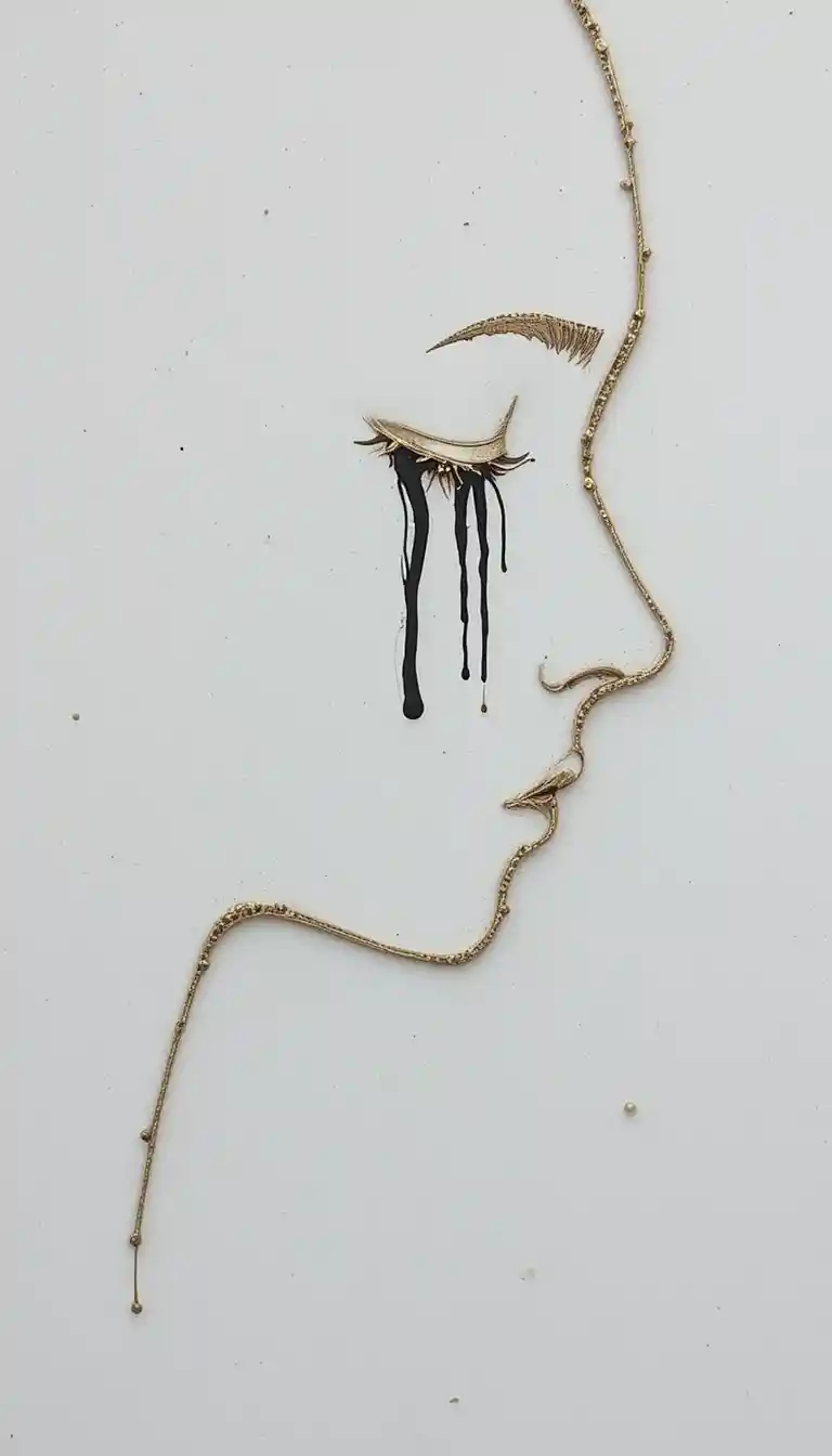 Golden silhouette portrait of a woman with black tears