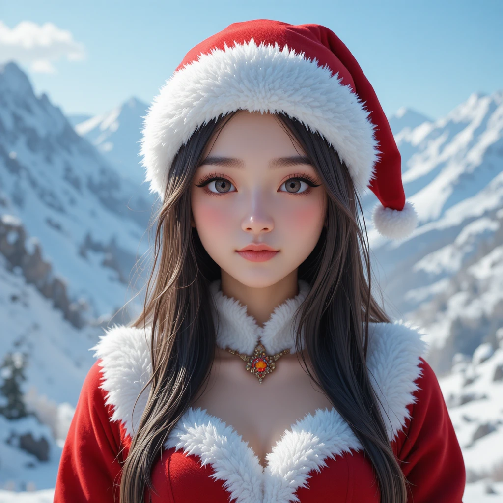 Mujer anime de Santa frente a un paisaje de montañas nevadas