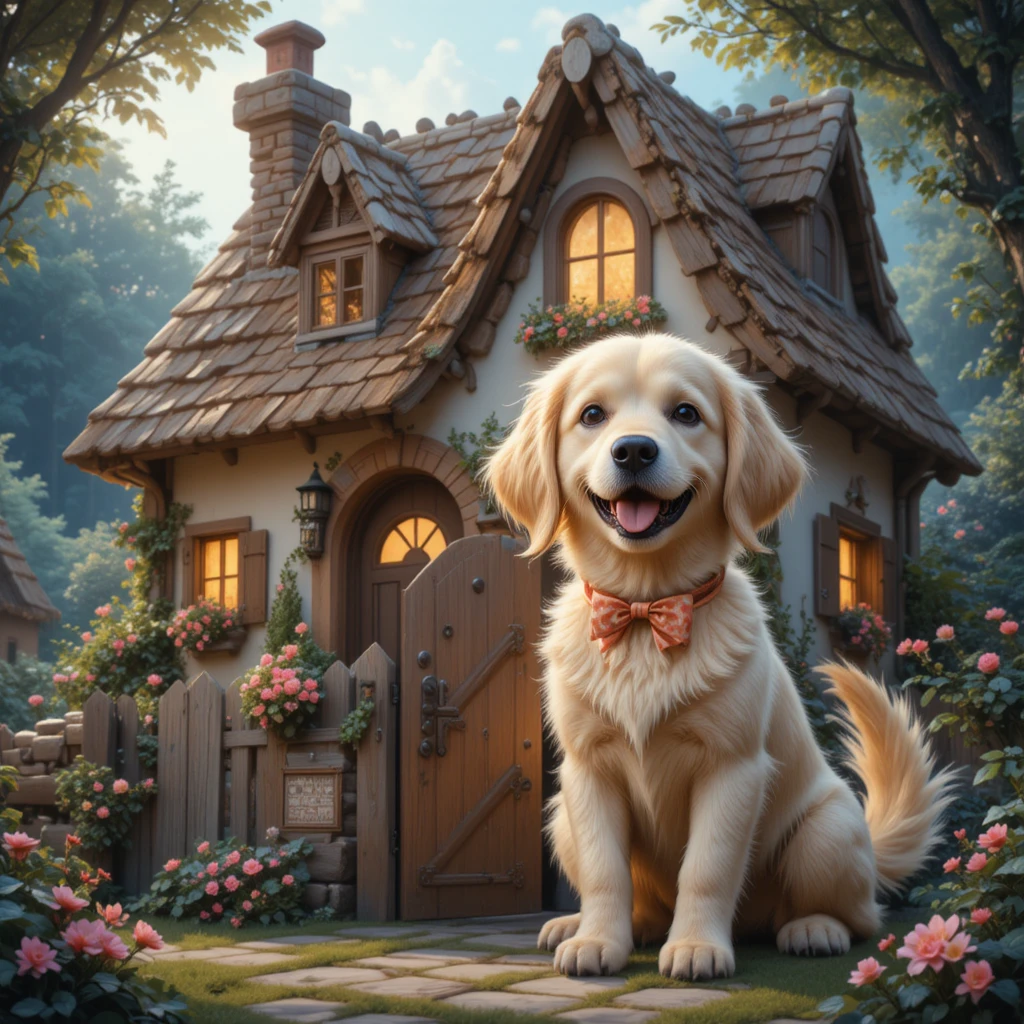 Whimsical cottage with golden retriever in soft evening glow