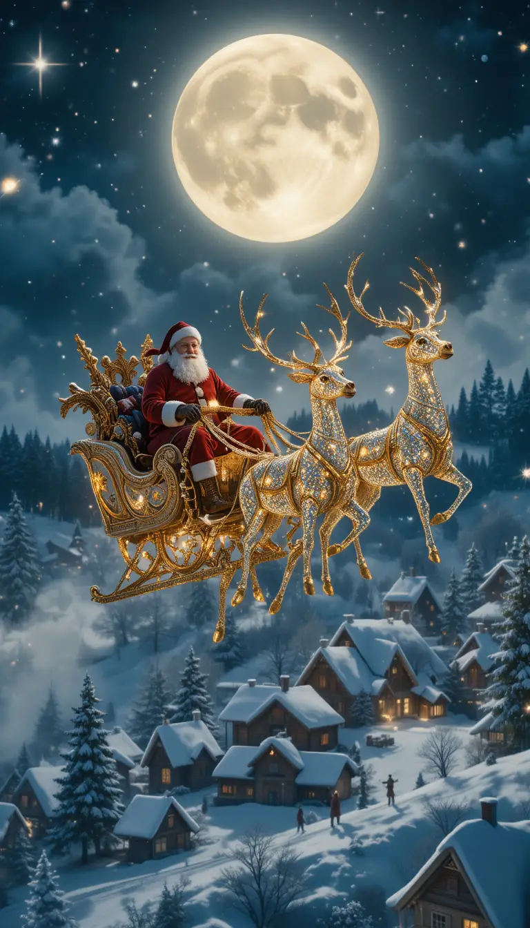 Babbo Natale che vola su una slitta tempestata di gioielli sopra una città innevata