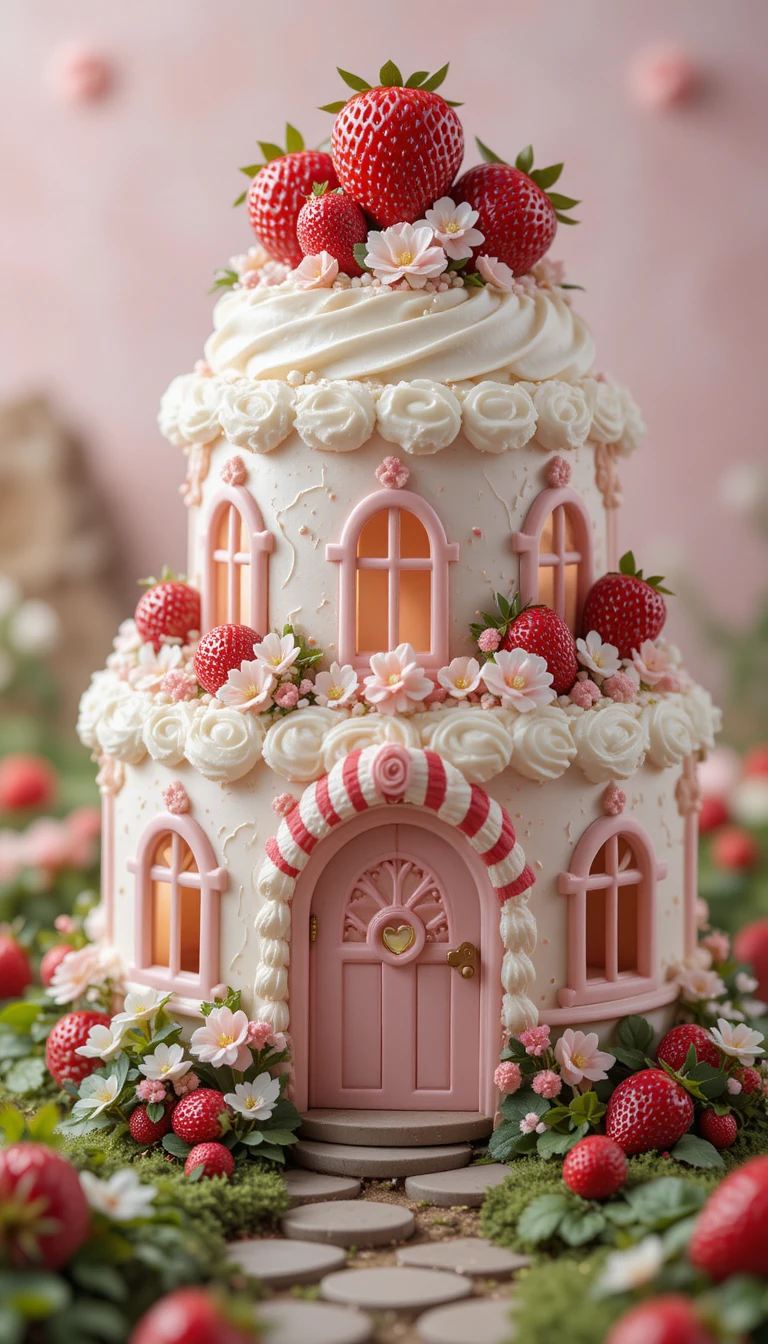 Casa de Pastel de Fresa de Cuento de Hadas en un Suave Jardín Verde
