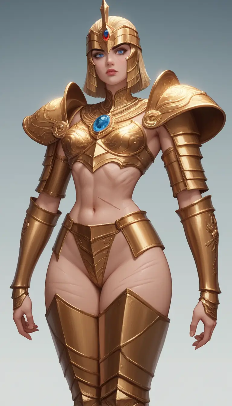 Japanese schoolgirl in golden scorpio armor at ancient temple