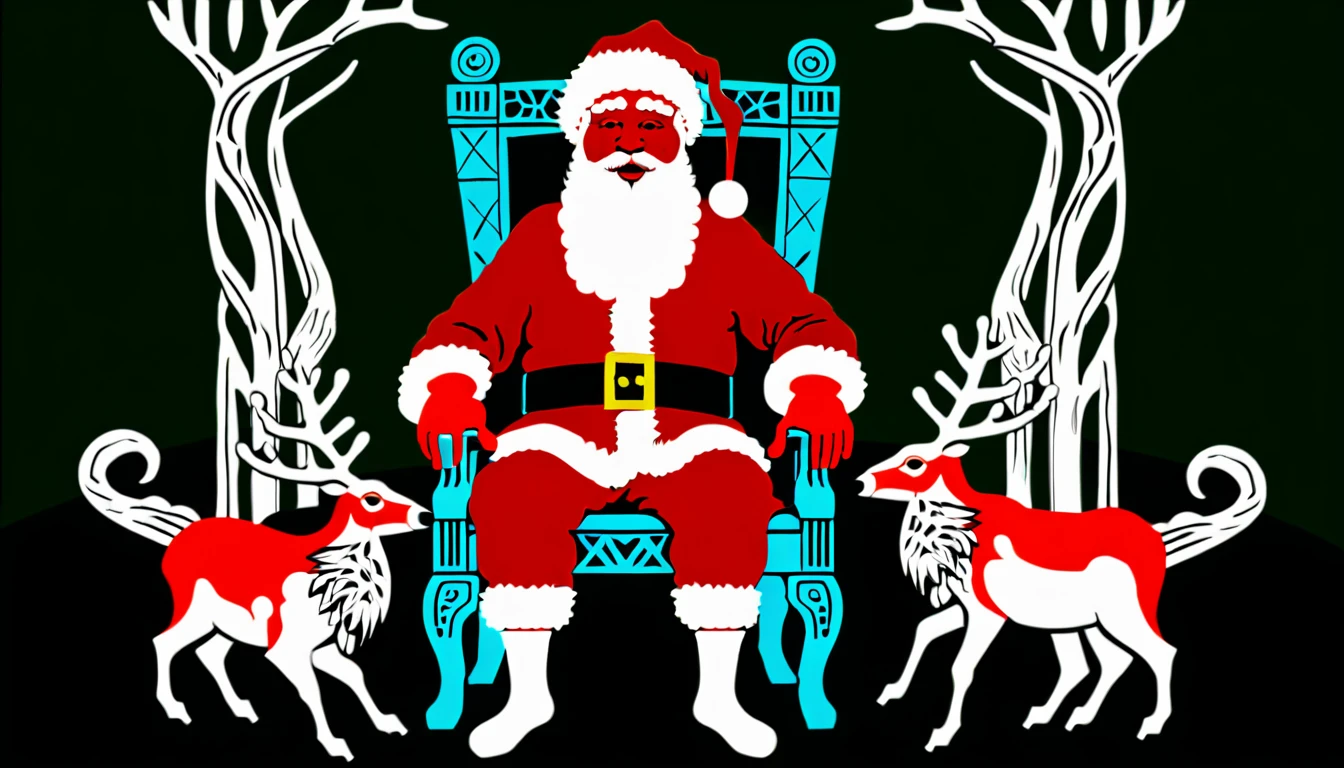 Santa Claus sitting in a jungle among Papuan people