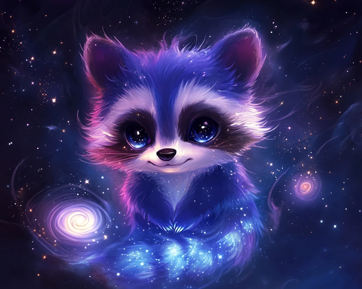 Guaxinim chibi fofinho flutuando suavemente pelo espaço cósmico