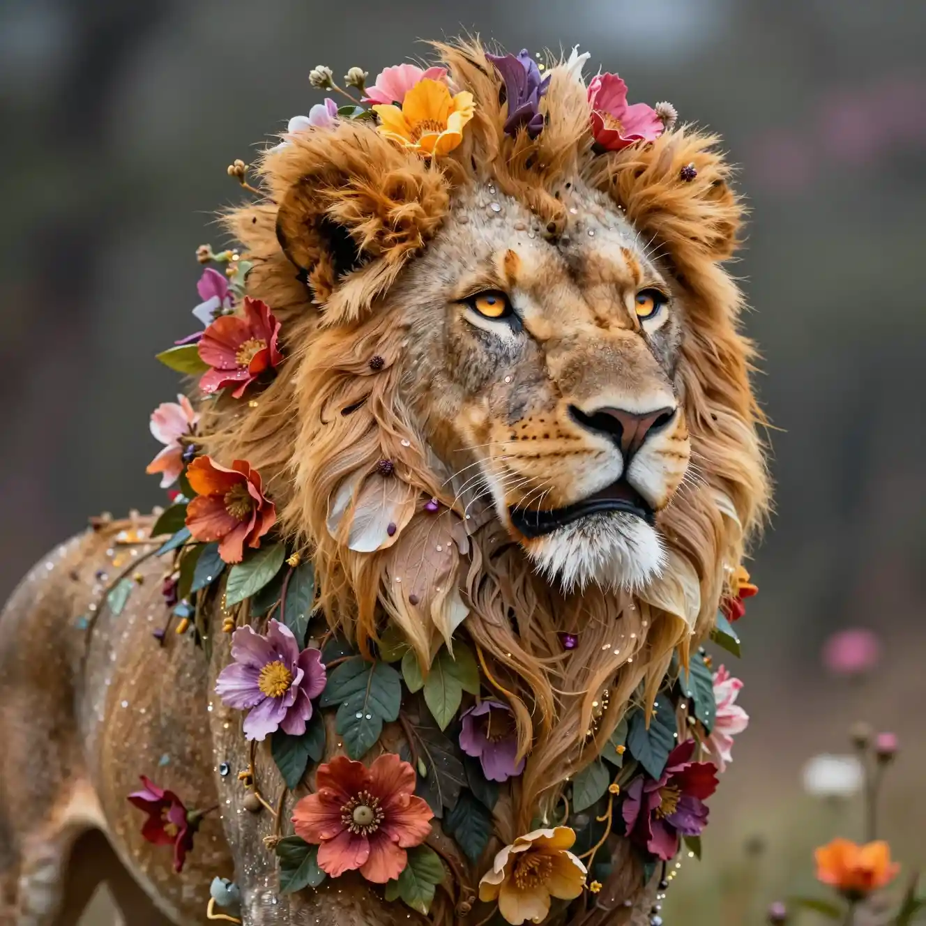 Leone floreale fatto di fiori con occhi luminosi e realistici