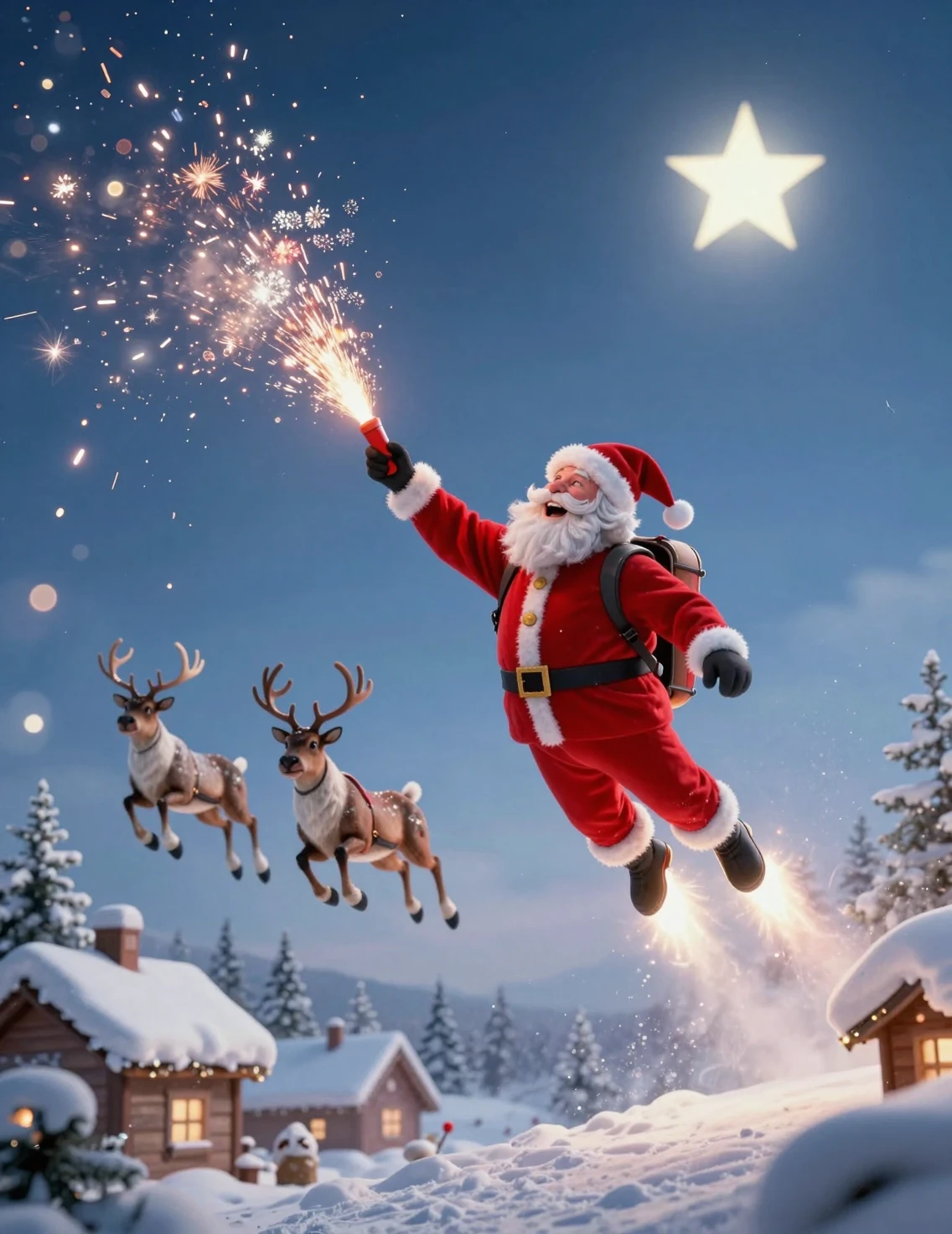 Cheerful old man with jetpack flying over snowy rooftops