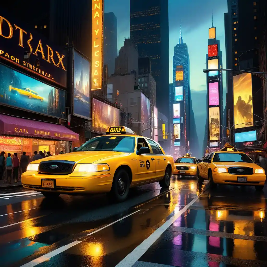 Belebte New Yorker Straße mit gelbem Taxi und Neonlichtern