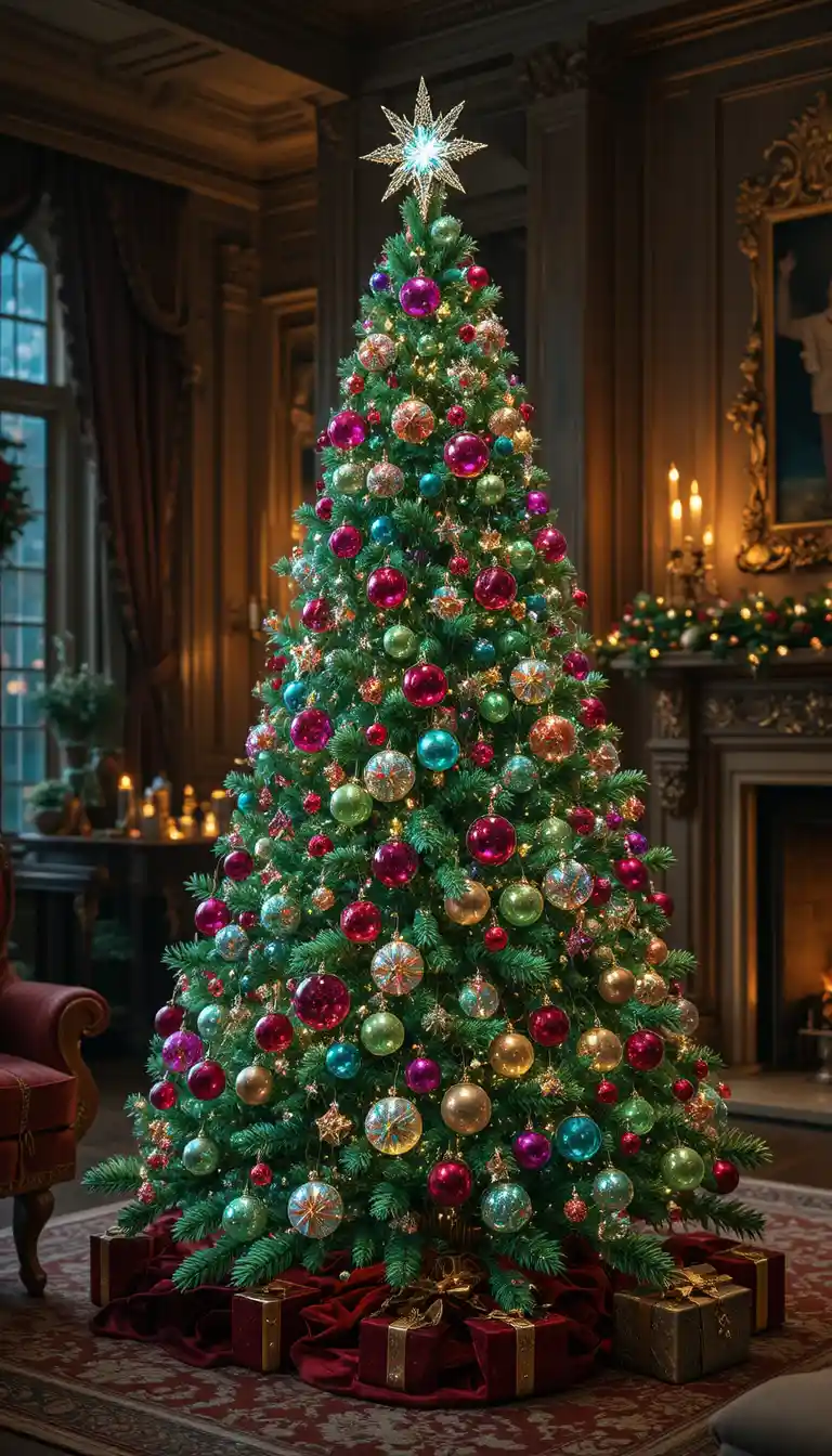 Lussuoso albero di Natale di cristallo in un soggiorno accogliente