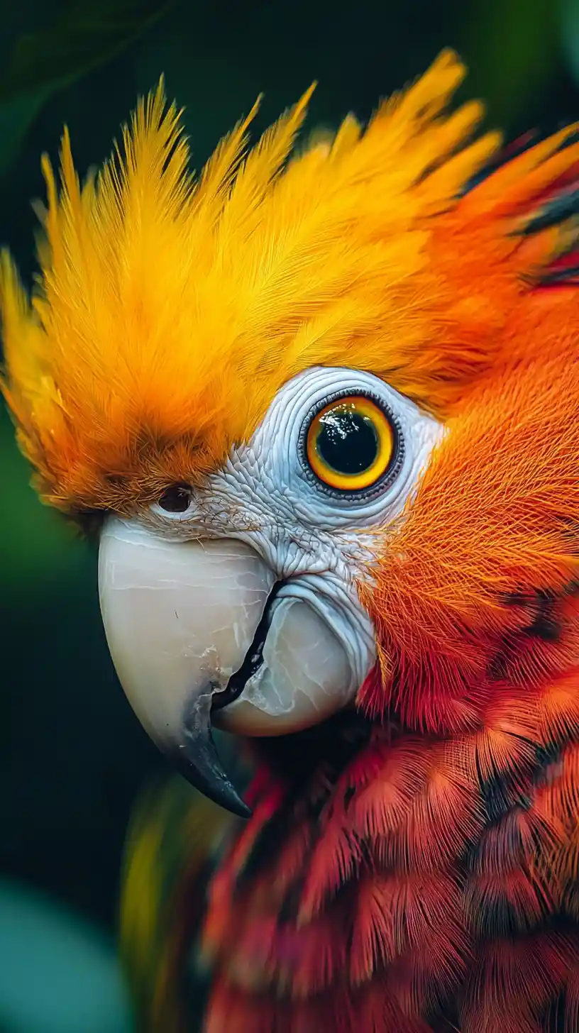 Gros plan extrême sur la tête d’un ara rouge écarlate dans la jungle