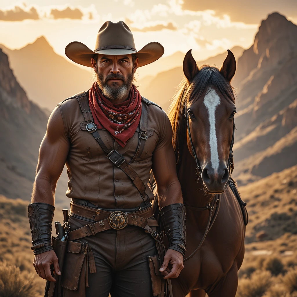 Cowboy estoico e mustang em pôr do sol dourado nas montanhas