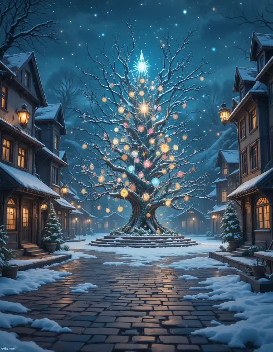 Albero di Natale di cristallo magico in una piazza innevata e deserta