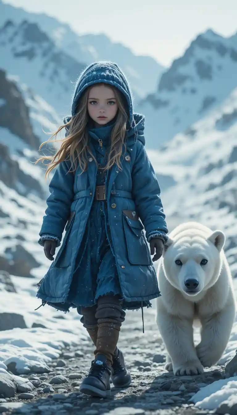 雪山を歩く少女とホッキョクグマの子ども