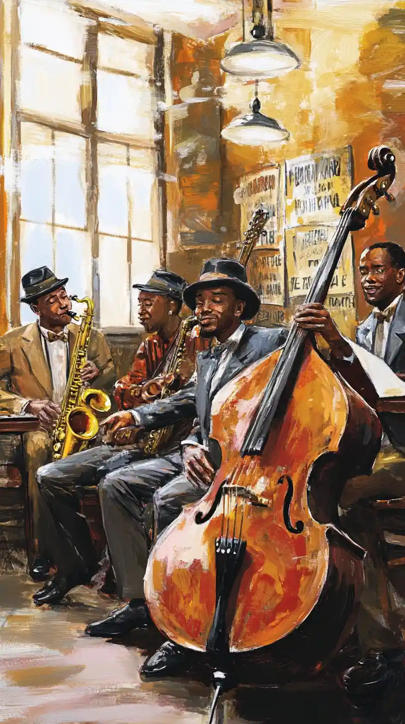 Afro American jazz band performing in an intimate vintage club