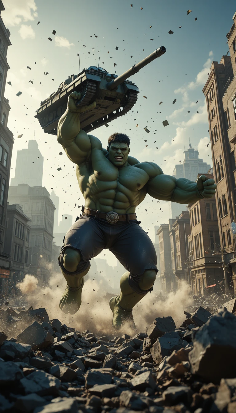 Hulk arremessa um tanque pela cidade com destroços suspensos no ar