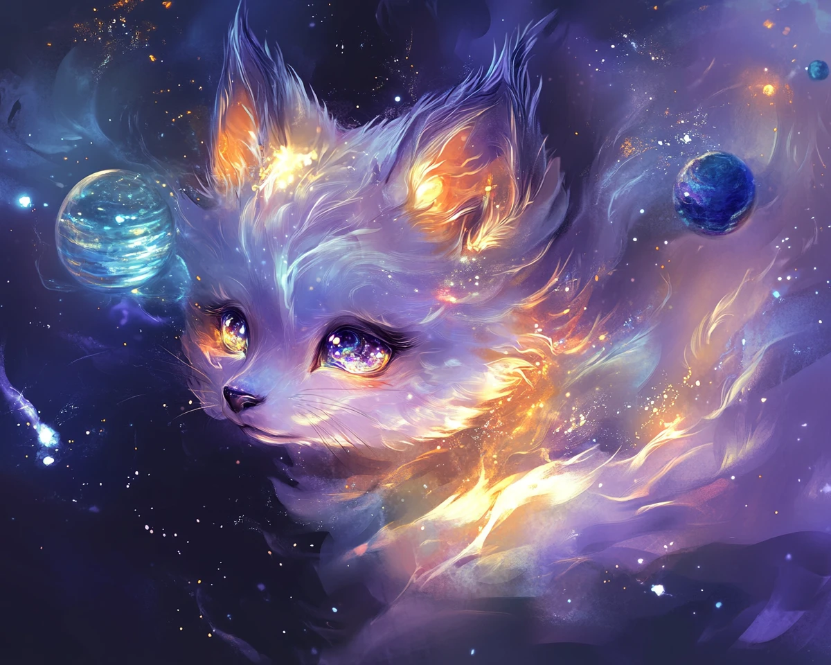 Renard cosmique chibi dérivant doucement dans un espace lumineux