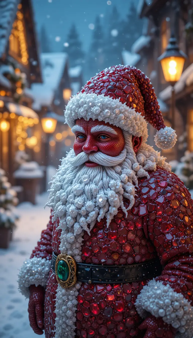 Papá Noel de Gemas en Noche Nevada de Pueblo Navideño