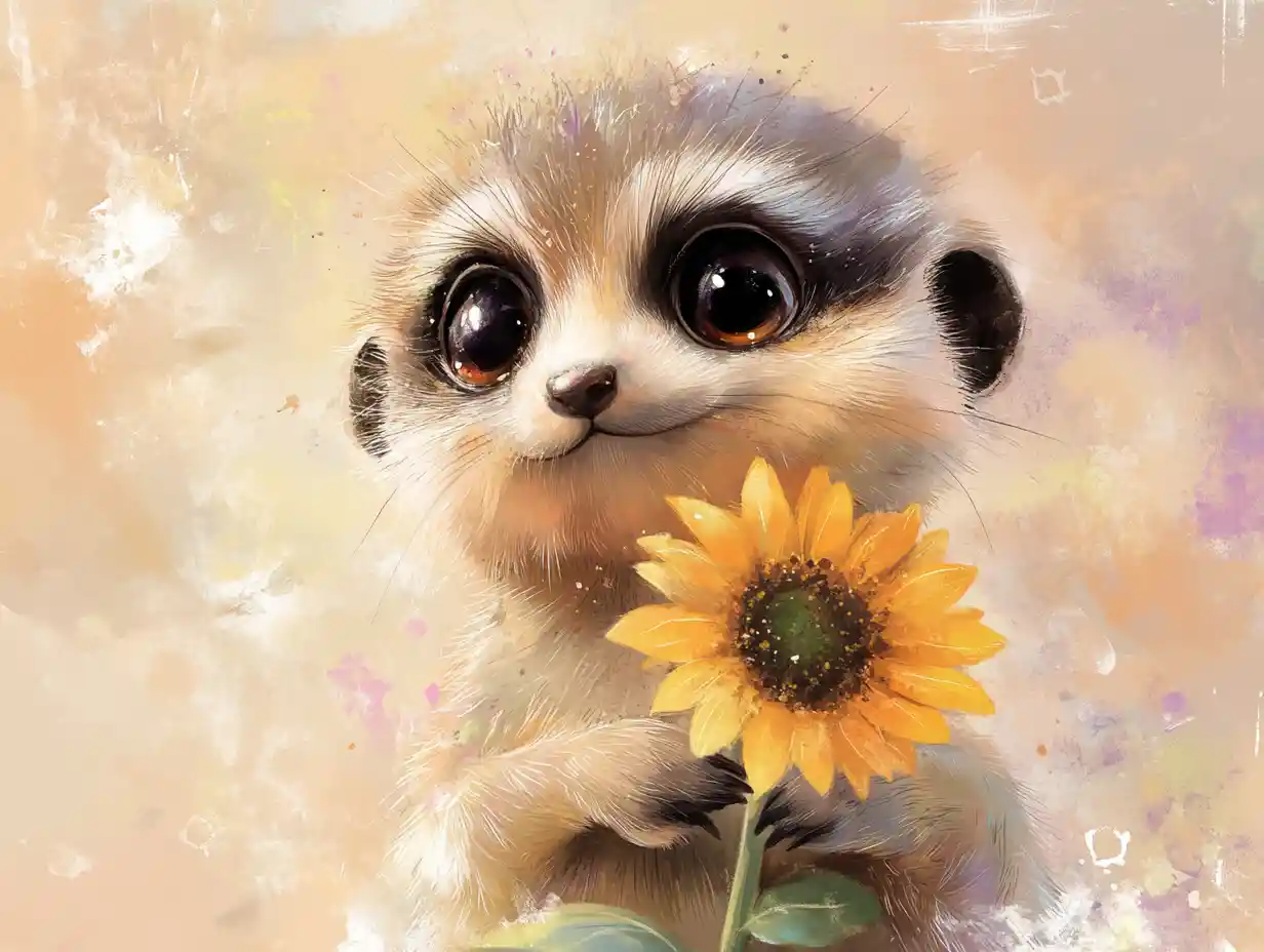 Cute baby meerkat holding a sunflower in dreamy pastels