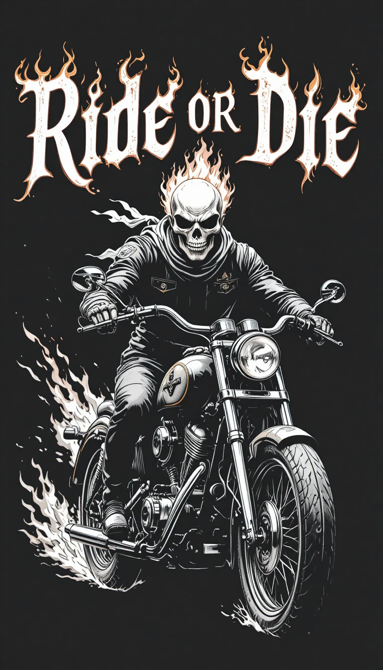Cavaleiro de caveira em chamas em moto vintage em preto e branco