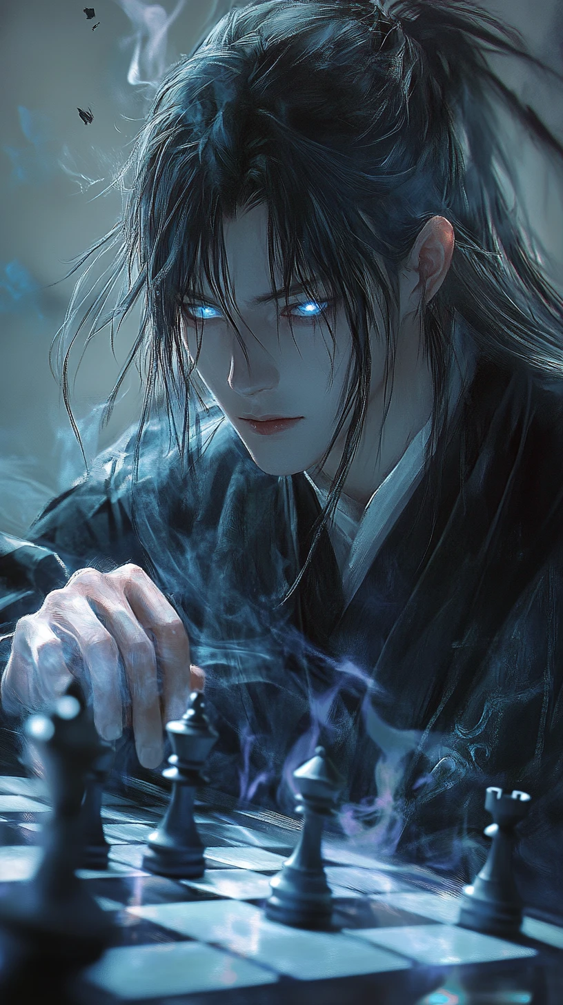 Close-up de um samurai bebendo em uma tigela azul e branca