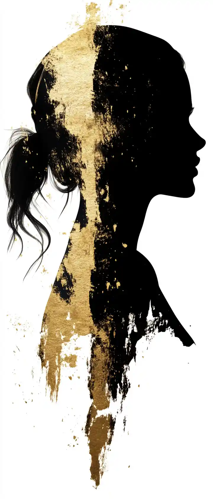 Gold silhouette portrait of a sad woman on white background
