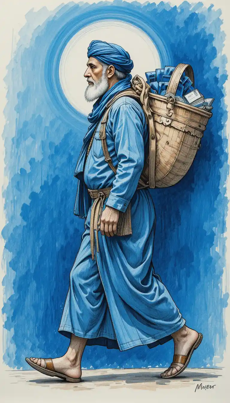 Elderly man in blue robe carrying woven baskets in profile
