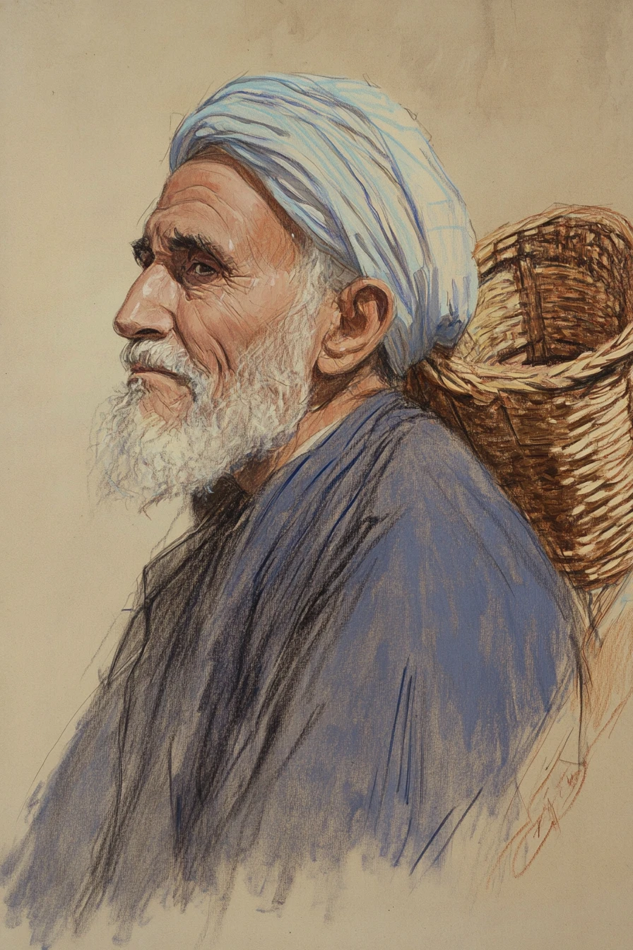 Dessin de profil d’un vieil homme avec des paniers tressés