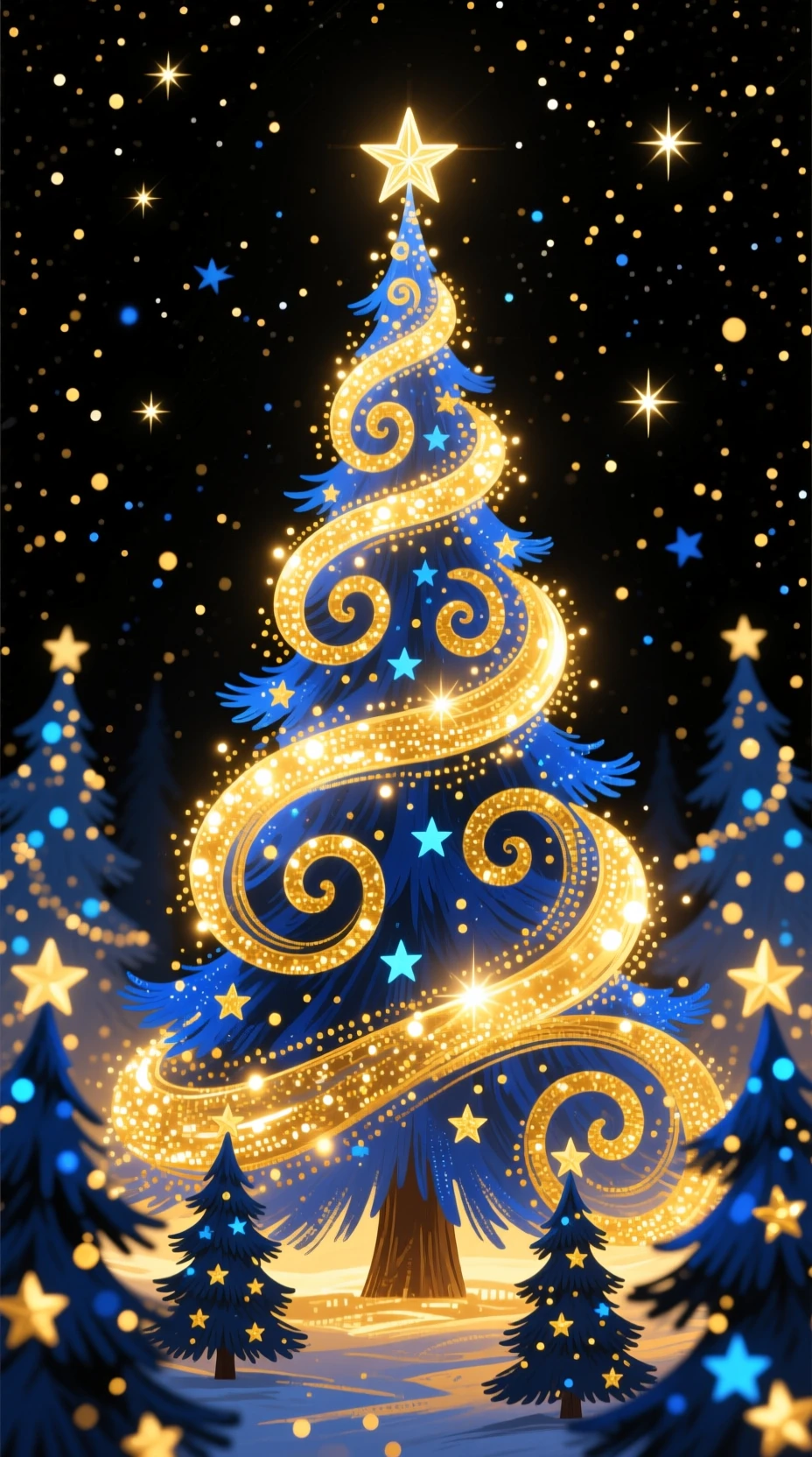 Goldener Lichter-Weihnachtsbaum vor dunklem Sternenhimmel