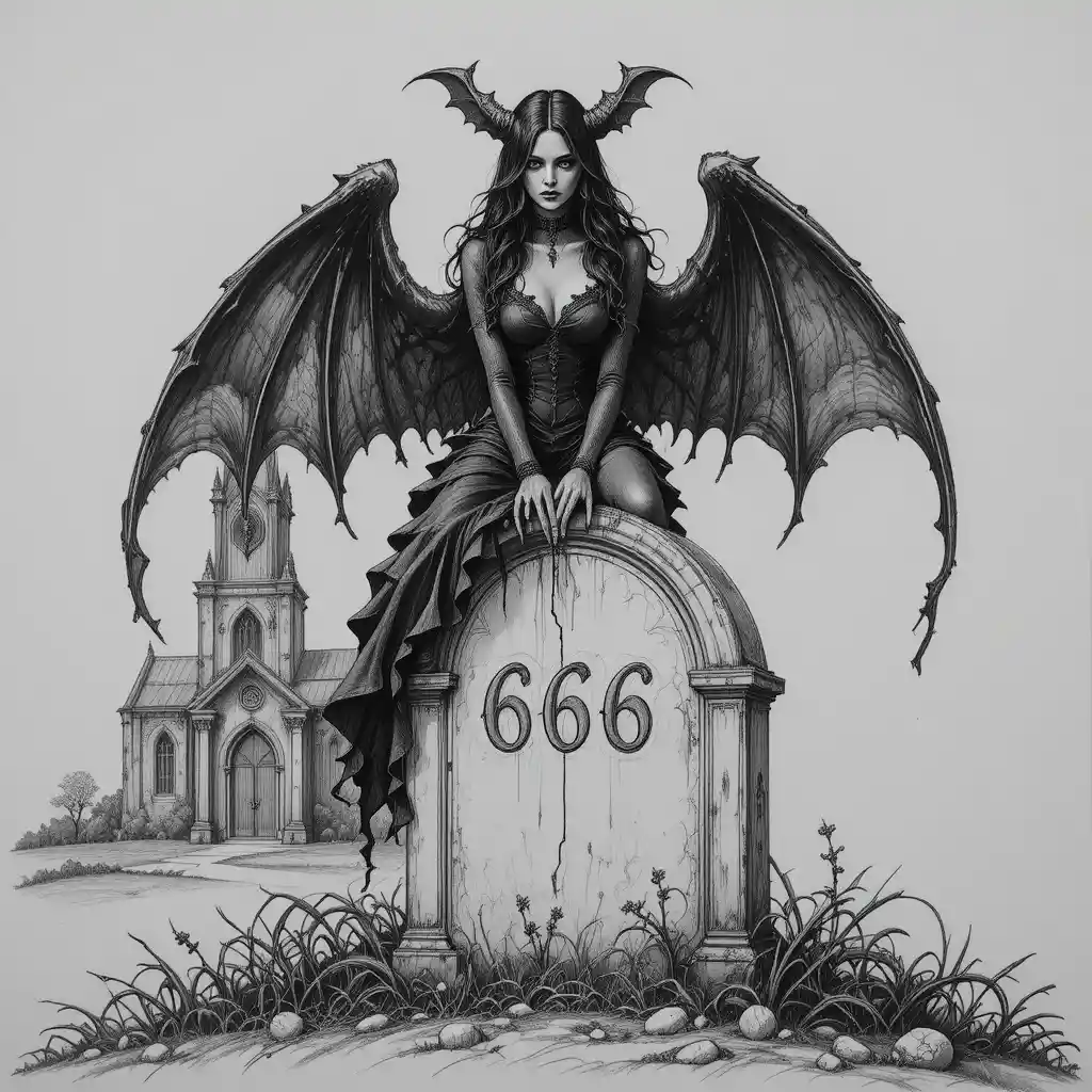 Gothic vampire woman with bat wings on an old grave