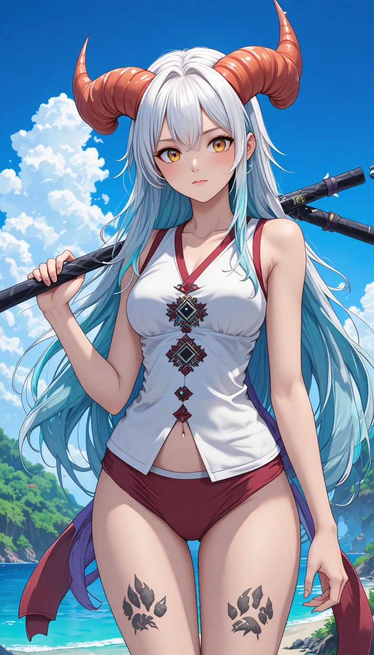 Anime warrior woman with glowing runes on an island