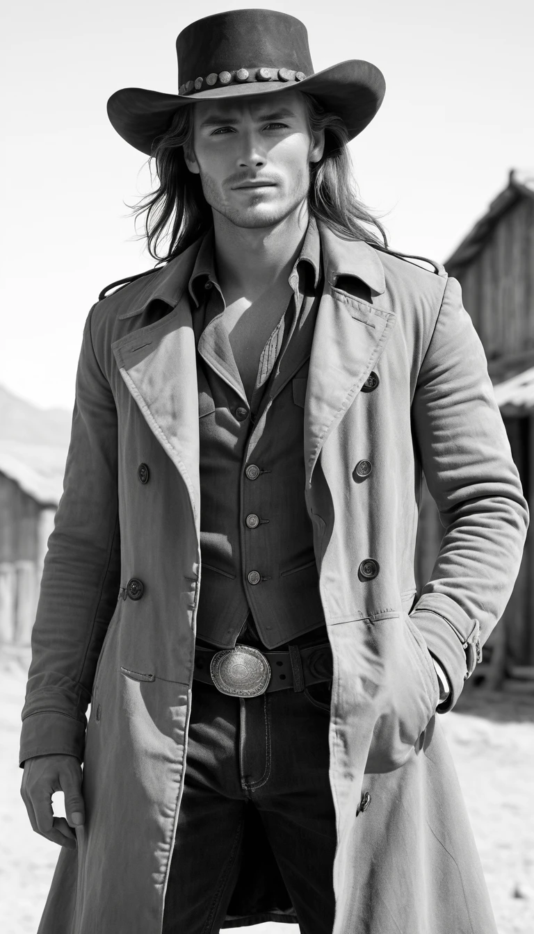 Retrato de um jovem cowboy charmoso em um cenário de velho oeste