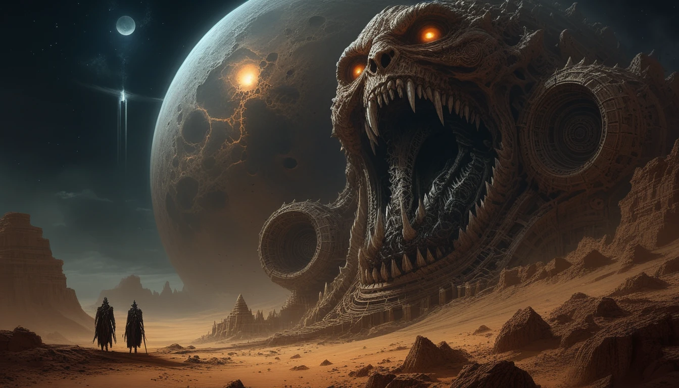 Colossal templo no deserto com rosto monstruoso sob três luas