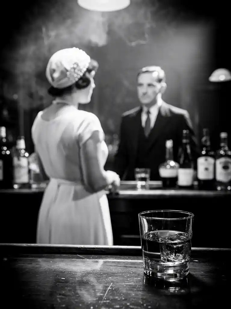 Close-up de bar sombrio com copo de uísque e casal desfocado