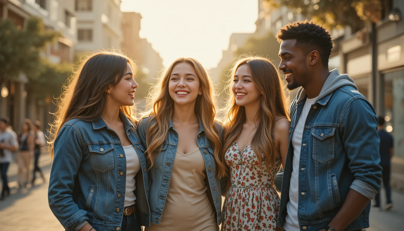 Four friends laughing together in warm city sunlight