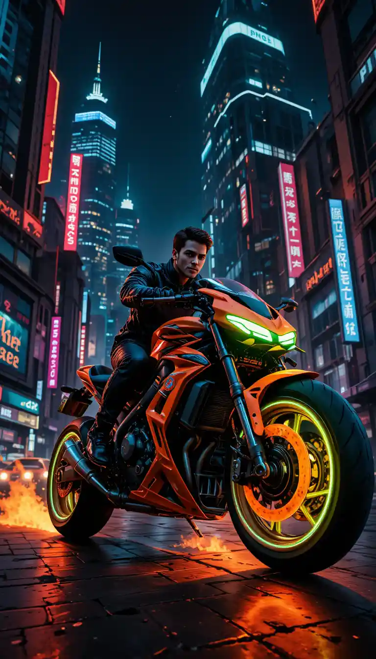 Jovem pilotando moto neon pela noite de uma cidade cyberpunk