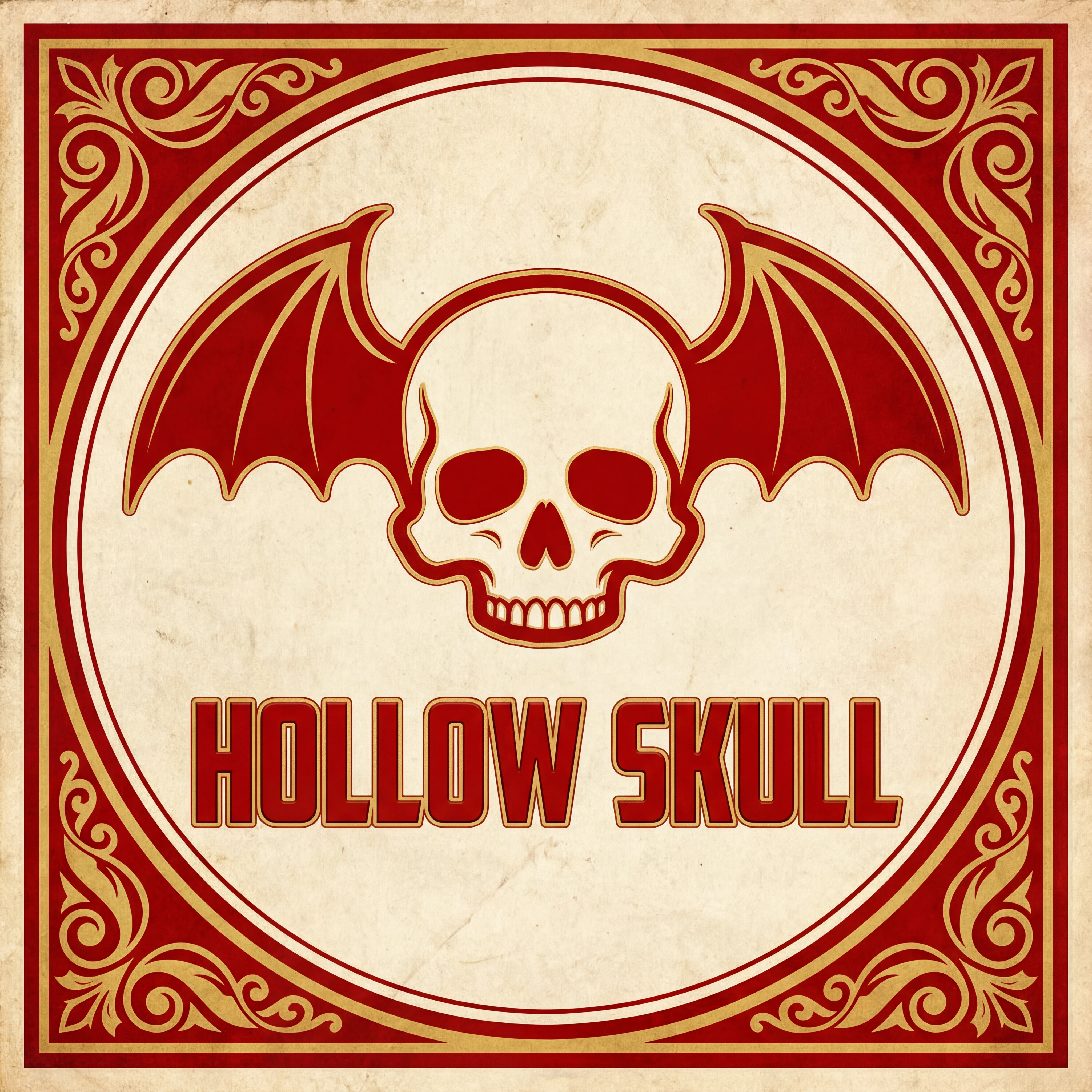 Rotes Stoner-Metal-Logo für Hollow-Skull-Band mit Fledermäusen