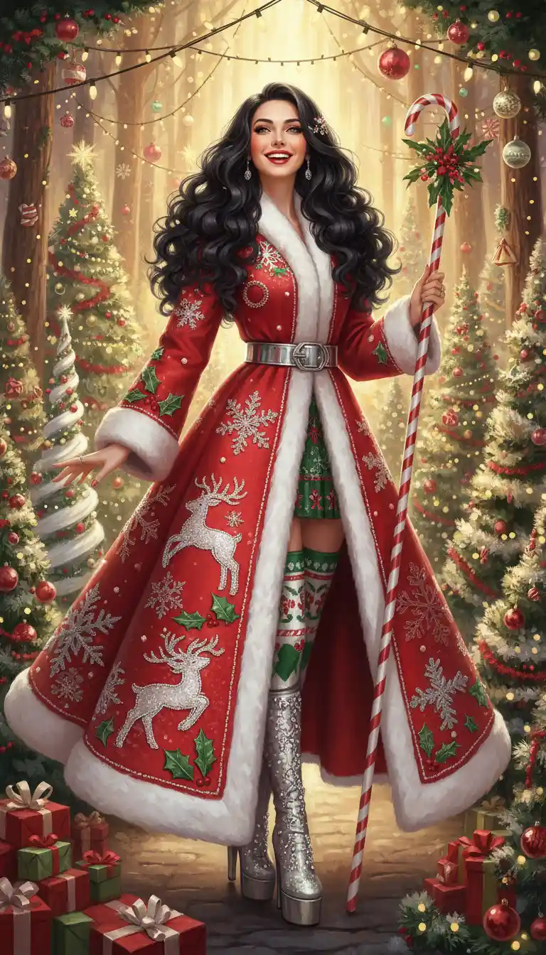 Fröhliche Frau im Couture-Weihnachtsmantel mit Zuckerstangen-Stab
